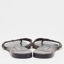 Pre Owned Gina Black Leather Crystal Embellished Flat Slides Size 37 