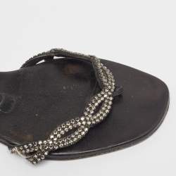 Pre Owned Gina Black Leather Crystal Embellished Flat Slides Size 37 
