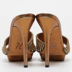 Pre Owned Gina Metallic Bronze Leather Crystal Embellished Slide Sandals Size 39
