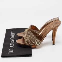 Pre Owned Gina Metallic Bronze Leather Crystal Embellished Slide Sandals Size 39