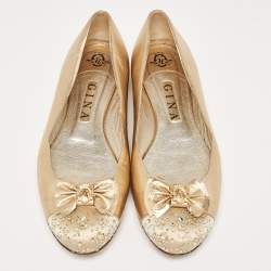 Gina Gold Leather and Crystal Embellished Satin Cap Toe Bow Ballet Flats Size 41