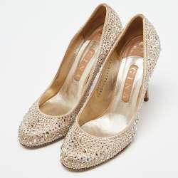 Pre Owned Gina Gold Satin Crystals Embellished Pumps Size 38.5