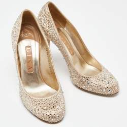 Pre Owned Gina Gold Satin Crystals Embellished Pumps Size 38.5
