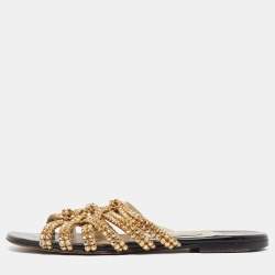 Gina Gold Crystal Embellished Leather Flat Slides Size 36