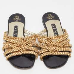 Gina Gold Crystal Embellished Leather Flat Slides Size 36