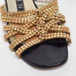 Gina Gold Crystal Embellished Leather Flat Slides Size 36