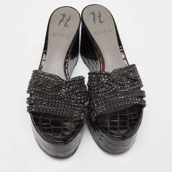 مملوكة مسبقًا صندل جينا نعل سميك كعب روكي مزخرف جلد نقش تمساح أخضر مقاس 37.5