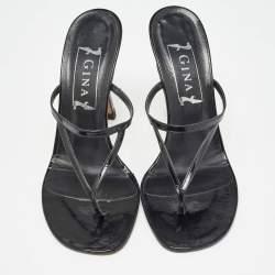 Pre Owned Gina Black Patent Leather Thong Slide Sandals Size 39