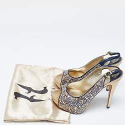 Gina Navy Blue/Gold Crystal Embellished Satin Open Toe Slingback Sandals Size 39