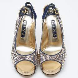 Gina Navy Blue/Gold Crystal Embellished Satin Open Toe Slingback Sandals Size 39