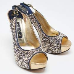 Gina Navy Blue/Gold Crystal Embellished Satin Open Toe Slingback Sandals Size 39