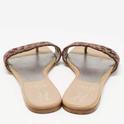 Pre Owned Gina Brown Crystal Embellished Leather Thong Flat Slides Size 37