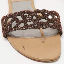 Pre Owned Gina Brown Crystal Embellished Leather Thong Flat Slides Size 37