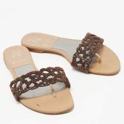 Pre Owned Gina Brown Crystal Embellished Leather Thong Flat Slides Size 37