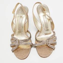Pre Owned Gina Metallic Crystal Embellished Embossed Python Slingback Sandals Size 37