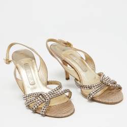 Pre Owned Gina Metallic Crystal Embellished Embossed Python Slingback Sandals Size 37