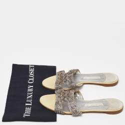 Gina Cream/Silver Crystal Embellished Leather Flat Slides Size 38.5