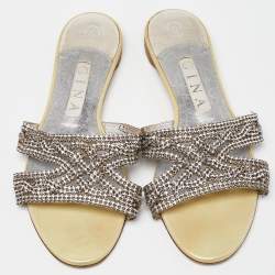 Gina Cream/Silver Crystal Embellished Leather Flat Slides Size 38.5