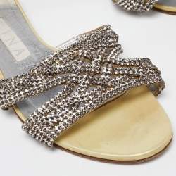 Gina Cream/Silver Crystal Embellished Leather Flat Slides Size 38.5