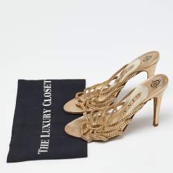 Pre Owned Gina Gold Crystal Embellished Leather Strappy Slide Sandals Size 38