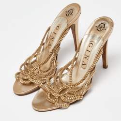 Pre Owned Gina Gold Crystal Embellished Leather Strappy Slide Sandals Size 38