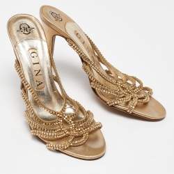 Pre Owned Gina Gold Crystal Embellished Leather Strappy Slide Sandals Size 38