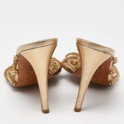 Pre Owned Gina Gold Crystal Embellished Leather Strappy Slide Sandals Size 38