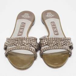 Gina Green Patent Crystal Embellished Flat Slides Size 37