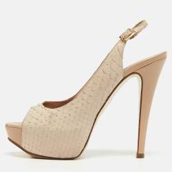 Gina Cream Python Embossed Leather Peep Toe Blake Platform Slingback Pumps Size 37