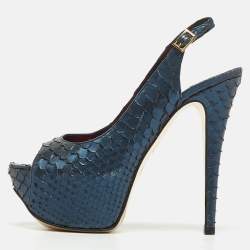 مملوكة مسبقًا Gina Metallic Navy Blue Python Open Toe Platform Slingback Pumps Size 37.5