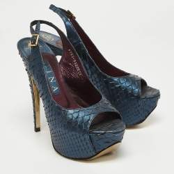 مملوكة مسبقًا Gina Metallic Navy Blue Python Open Toe Platform Slingback Pumps Size 37.5
