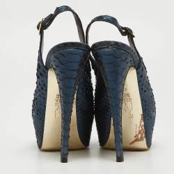 مملوكة مسبقًا Gina Metallic Navy Blue Python Open Toe Platform Slingback Pumps Size 37.5