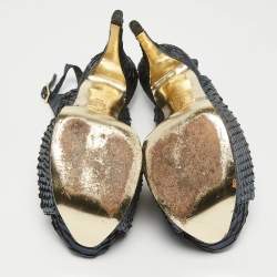 مملوكة مسبقًا Gina Metallic Navy Blue Python Open Toe Platform Slingback Pumps Size 37.5