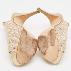 مملوكة مسبقًا Gina Gold Crystal Embellished Satin Platform Peep Toe Slingback Sandals Size 37.5