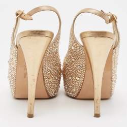 مملوكة مسبقًا Gina Gold Crystal Embellished Satin Platform Peep Toe Slingback Sandals Size 37.5