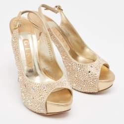 مملوكة مسبقًا Gina Gold Crystal Embellished Satin Platform Peep Toe Slingback Sandals Size 37.5