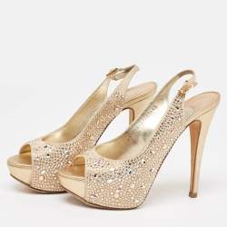 مملوكة مسبقًا Gina Gold Crystal Embellished Satin Platform Peep Toe Slingback Sandals Size 37.5