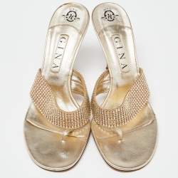 Gina Gold Crystal Embellished Leather Thing Slide Sandals Size 40.5