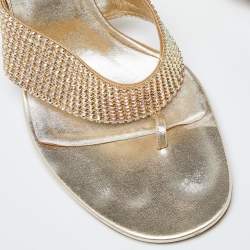 Gina Gold Crystal Embellished Leather Thing Slide Sandals Size 40.5