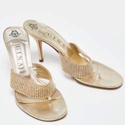 Gina Gold Crystal Embellished Leather Thing Slide Sandals Size 40.5