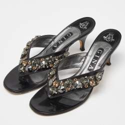 Pre Owned Gina Black Patent Leather Crystal Embellished Thong Slide Sandals 39.5