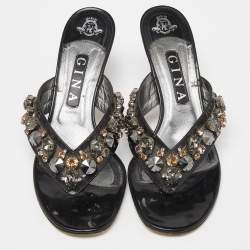 Pre Owned Gina Black Patent Leather Crystal Embellished Thong Slide Sandals 39.5