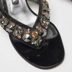 Pre Owned Gina Black Patent Leather Crystal Embellished Thong Slide Sandals 39.5