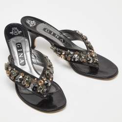 Pre Owned Gina Black Patent Leather Crystal Embellished Thong Slide Sandals 39.5