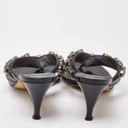 Pre Owned Gina Black Patent Leather Crystal Embellished Thong Slide Sandals 39.5