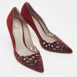 Pre Owned Gina Burgundy Suede Crystal Embellished Pointed Toe Pumps Size 37