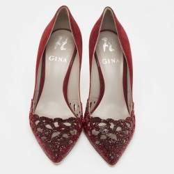 Pre Owned Gina Burgundy Suede Crystal Embellished Pointed Toe Pumps Size 37