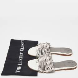 Gina White Crystal Embellished Leather Thong Flats Size 36
