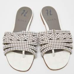 Gina White Crystal Embellished Leather Thong Flats Size 36