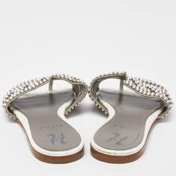 Gina White Crystal Embellished Leather Thong Flats Size 36
